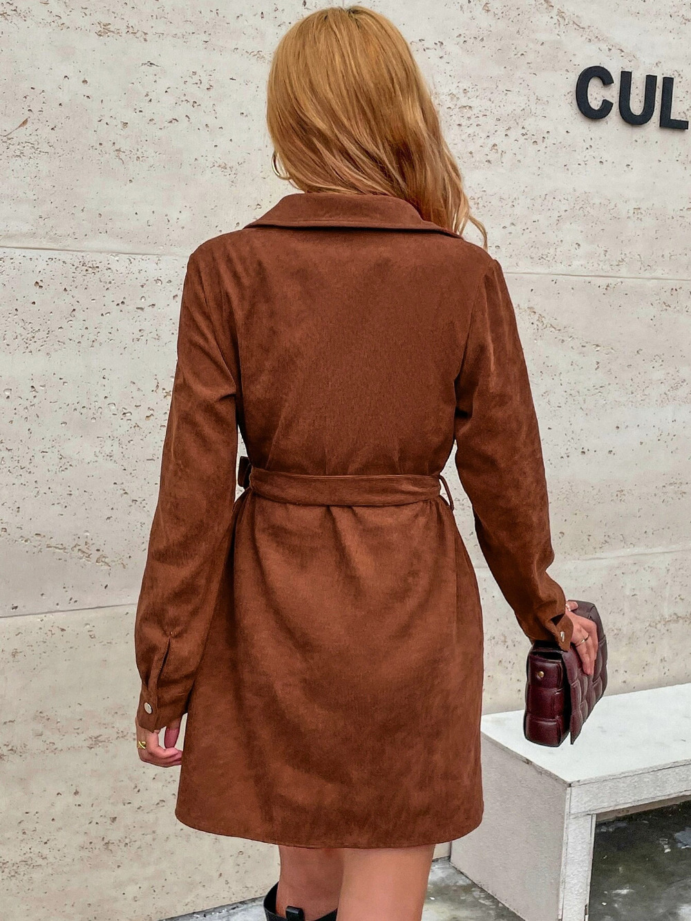 ZARA Spring Summer Corduroy Button Front Belted Shirt Dress Relaxed Long Sleeve - Picture 2 of 6